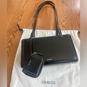 Stand Oil Black Shoulder Bag Minimalist Korean Style + Mini Pouch